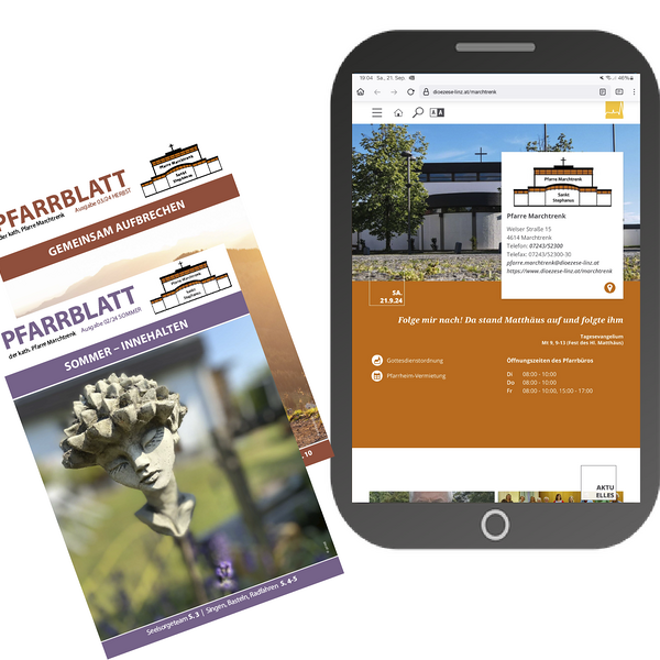 Pfarrblätter und Tablet mit Webseite